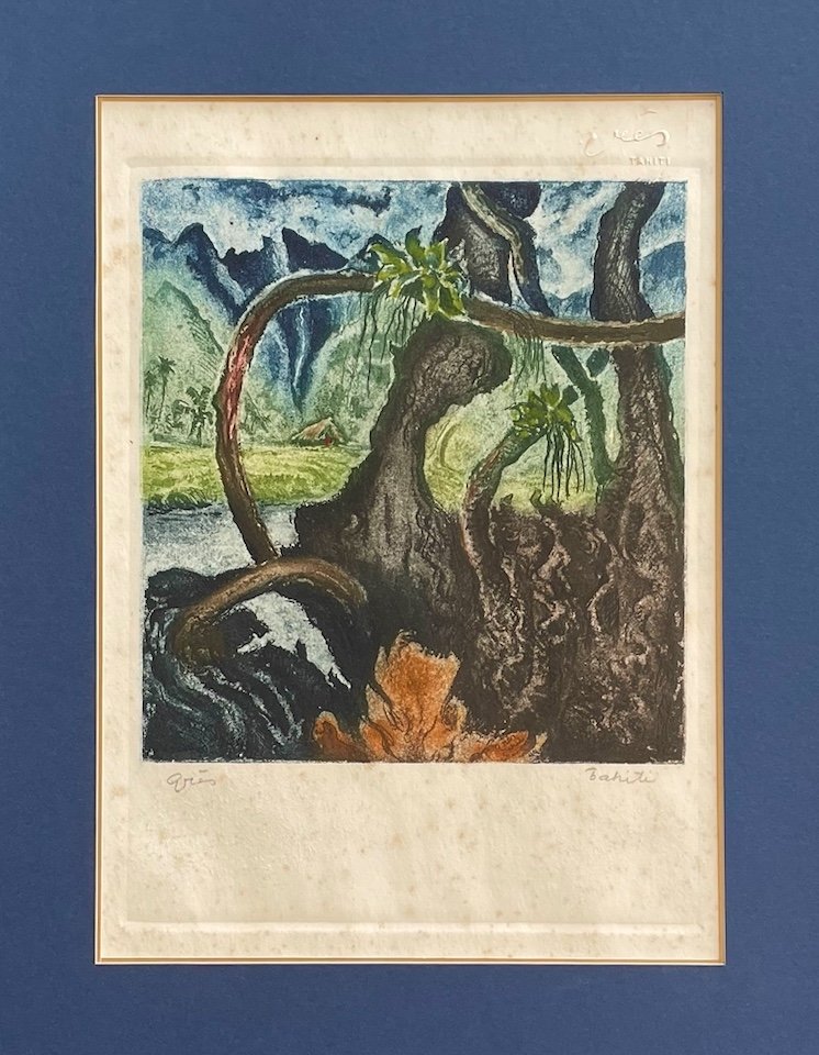 Serge Grès - Tahitian Landscape - Color Etching, Signed, Located - 28.5 X 20.5 Cm - Tahiti