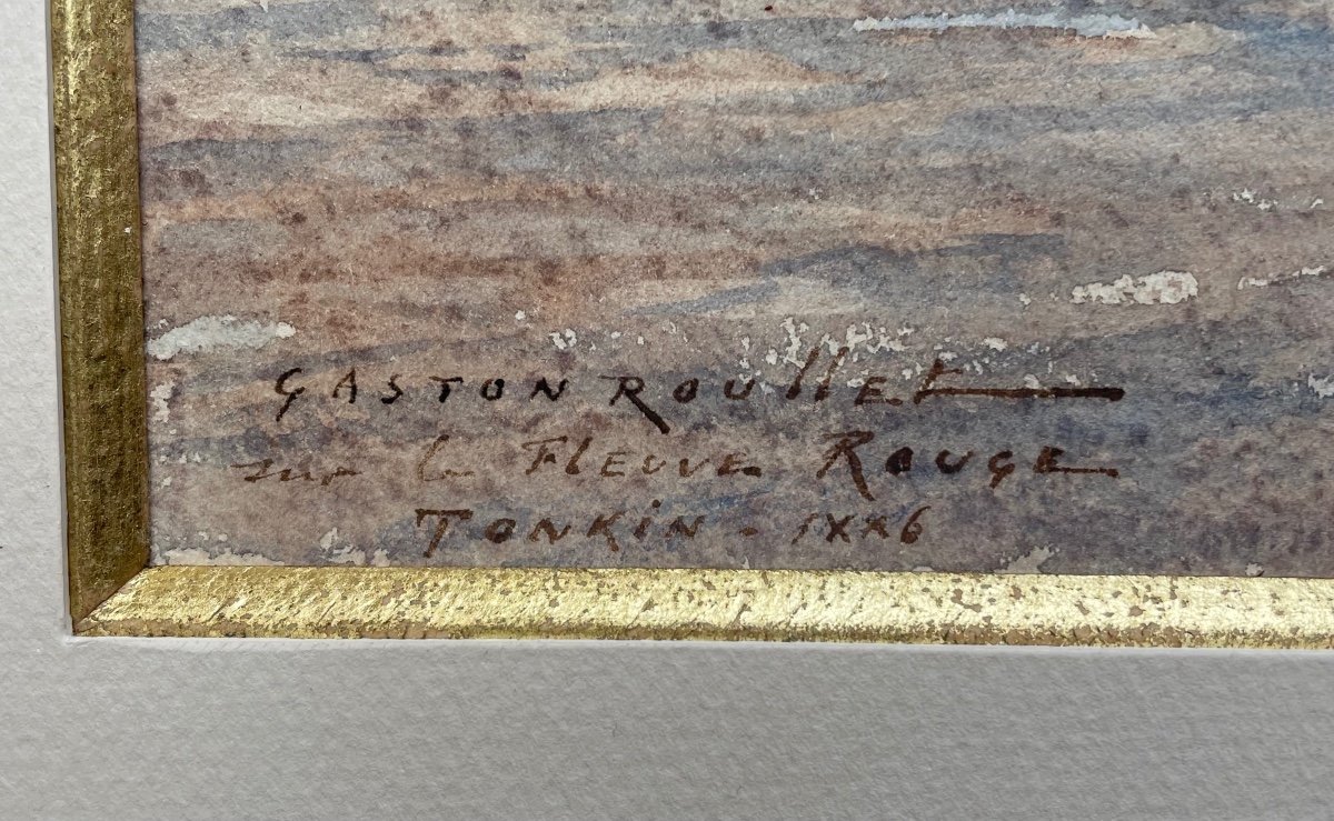 "sampans On The Red River" Watercolor On Paper - Signed, Located And Dated "tonkin - 1886"-photo-2