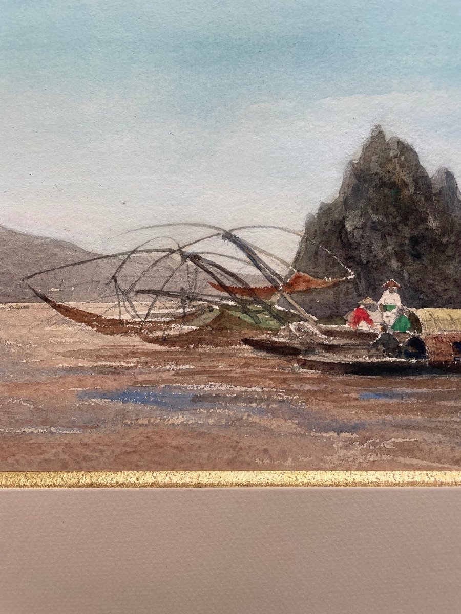 "sampans On The Red River" Watercolor On Paper - Signed, Located And Dated "tonkin - 1886"-photo-4