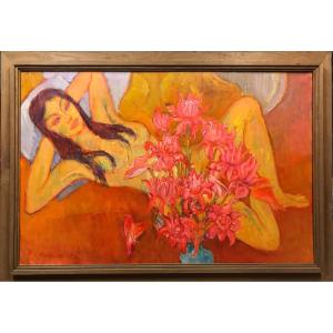 Nude With A Bouquet - Théo Meier - Oil On Canvas Signed And Dated 1972