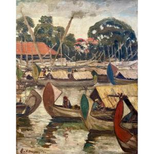 Boats - Henry Van Velthuysen - Oil On Canvas Signed - Indonesia