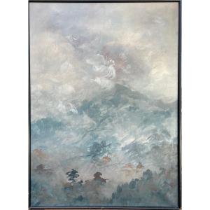 Montagne Dans Les Nuages - Nasser Assar - Huile Sur Toile, Signée Et Datée De 1975