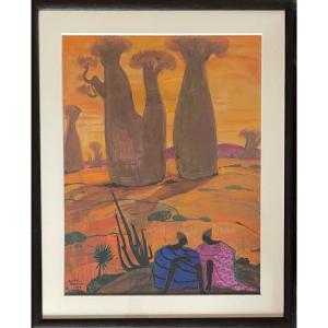Conversation Under The Baobabs - André Maire - Gouache On Paper Signed And Dated 1959 - Africa
