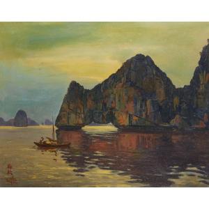 Twilight Over Halong Bay - Nguyen (?) Mai Thu - Signed Oil On Canvas