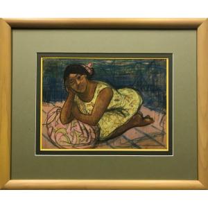 Tahitian Girl With Pareo - Jean Michon - Pastel Signed - Tahiti