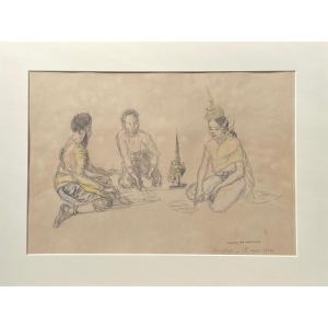 - Scène De 3 Personnages Cambodgien -  François De Marliave -  "angkor, Le 16 Avril 1920"  Pierre Noire Sur Papier Encadrée, Signée, Située Et Datée En Bas à Droite