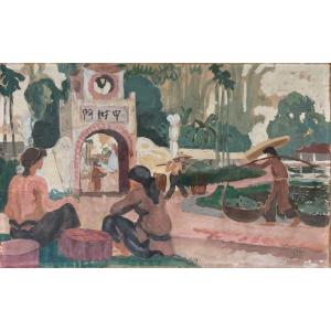 Village d'Indochine - Raymond Virac - Gouache Sur Papier, Monogrammée Et Datée 1928