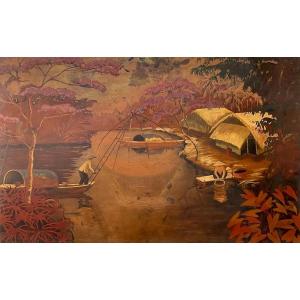 Plaice Fishing - Thu Dau Mot School - Lacquer Panel - Vietnam - Indochina