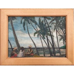 Soir Sur Le Lagon - Jean Michon - Huile Sur Panneau Signée Et Datée De 1947 - Tahiti