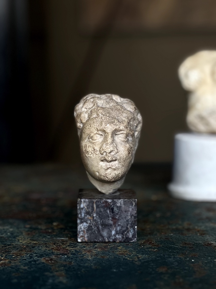 Small Roman Head, Ephebe Head In Patinated Marble-photo-2