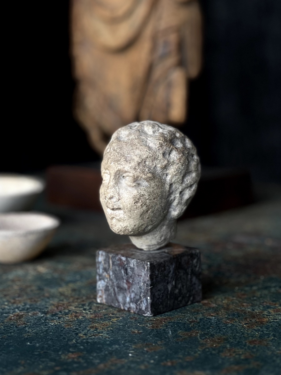 Small Roman Head, Ephebe Head In Patinated Marble-photo-3