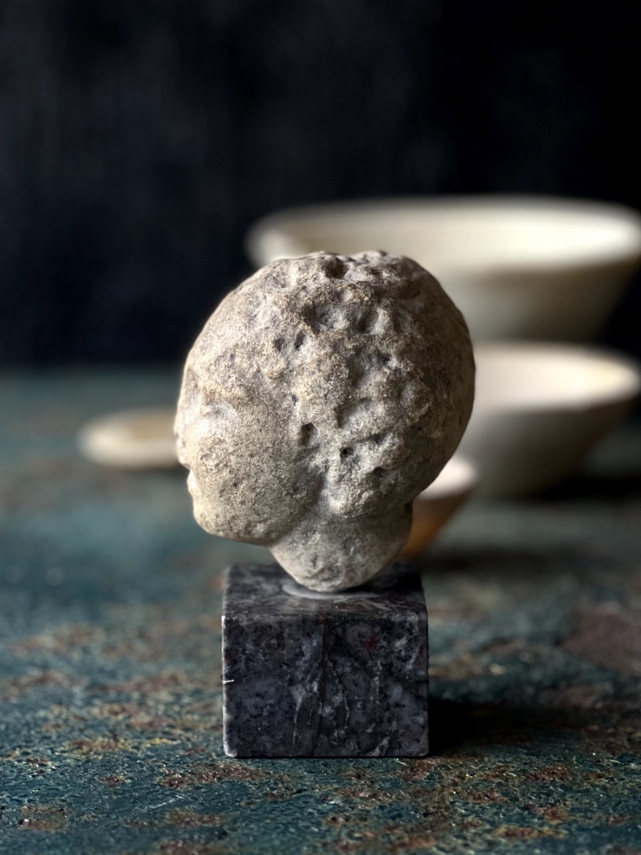 Small Roman Head, Ephebe Head In Patinated Marble-photo-4