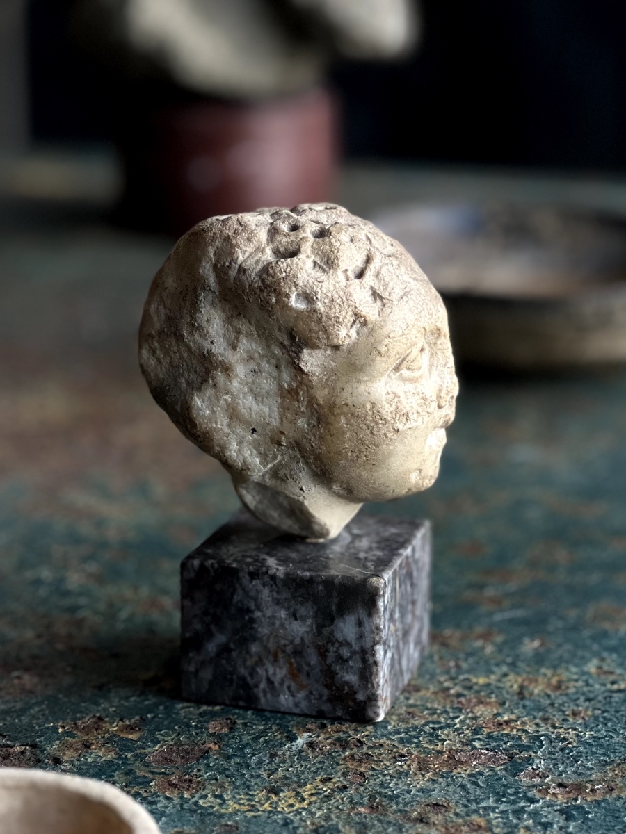 Small Roman Head, Ephebe Head In Patinated Marble-photo-1