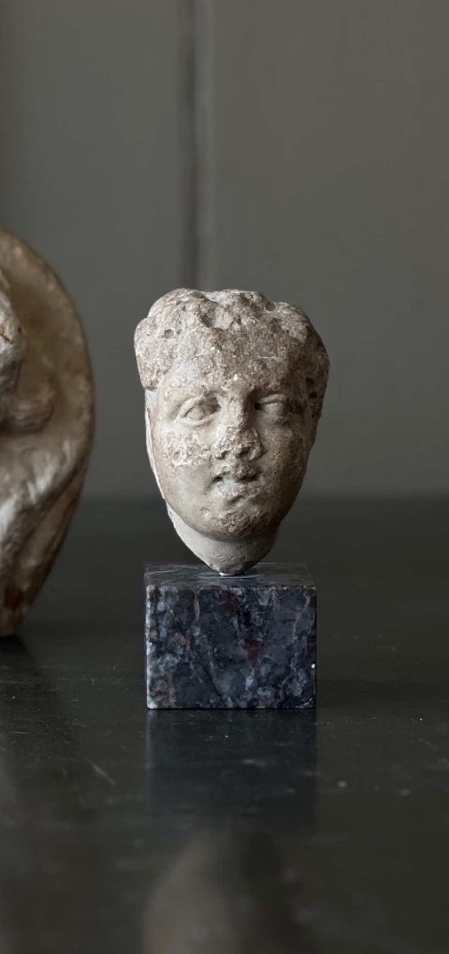 Small Roman Head, Ephebe Head In Patinated Marble
