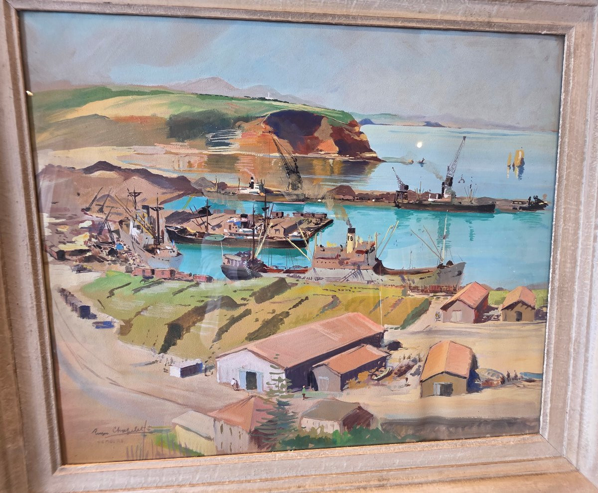 Rare Gouache By Roger Chapelet (1903-1995) – Port Of Nemours (algeria) -photo-2