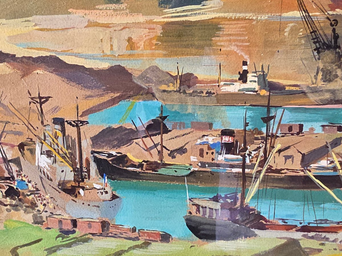 Rare Gouache By Roger Chapelet (1903-1995) – Port Of Nemours (algeria) -photo-4