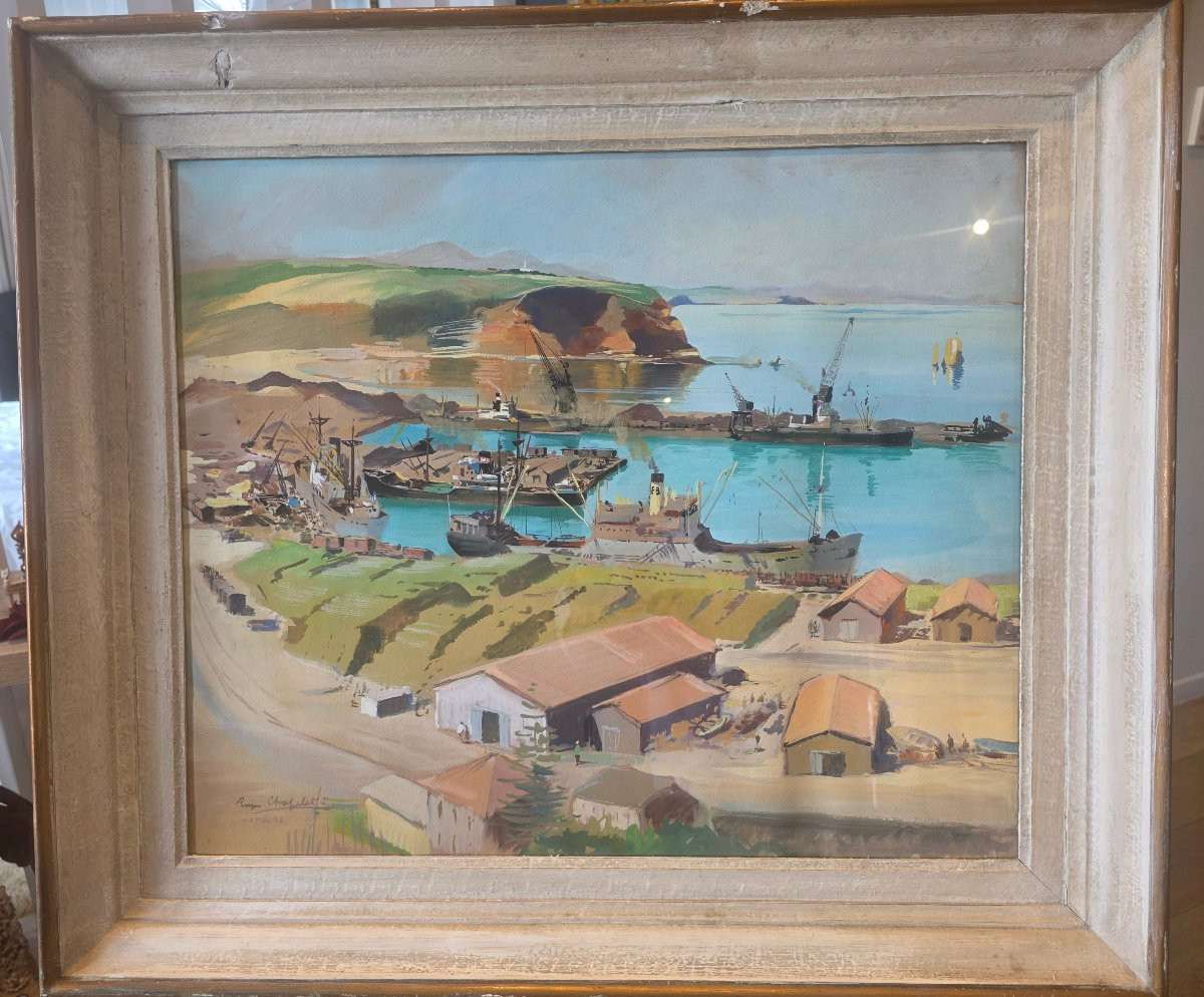 Rare Gouache By Roger Chapelet (1903-1995) – Port Of Nemours (algeria) -photo-5