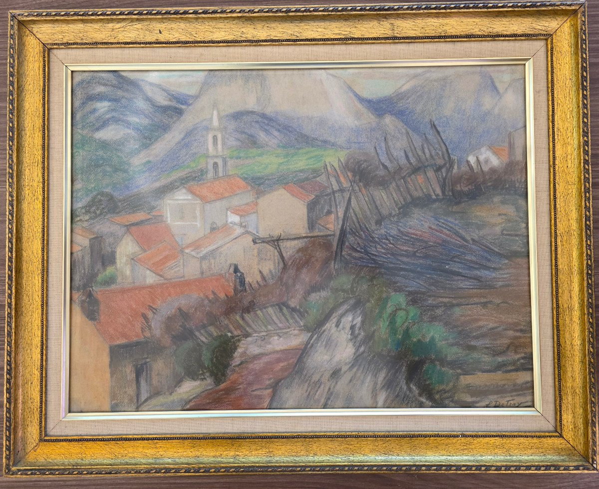 Léon Detroy (1859-1955) - Original Colored Pencil Drawing - Village Landscape-photo-2