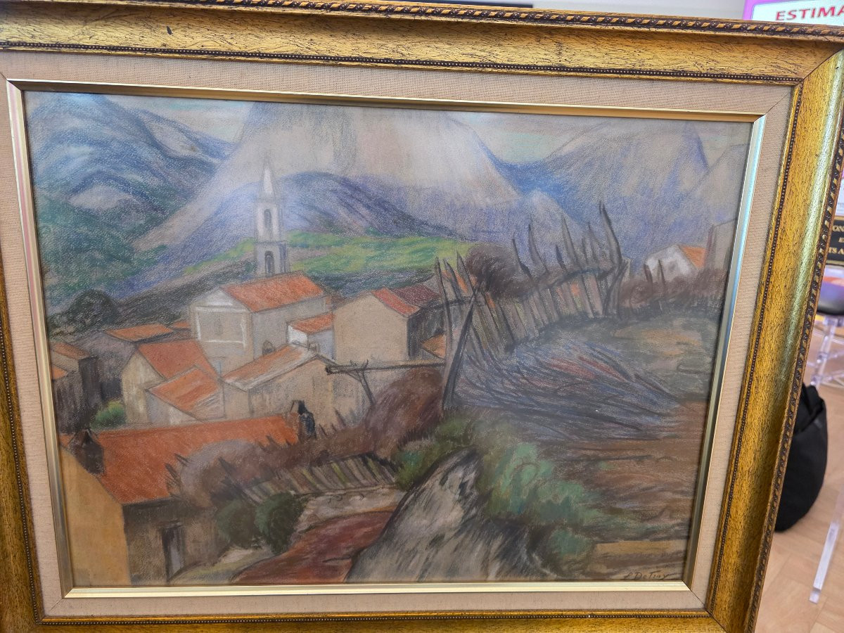 Léon Detroy (1859-1955) - Original Colored Pencil Drawing - Village Landscape-photo-1