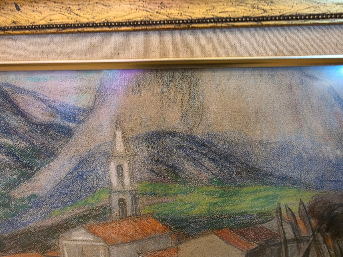 Léon Detroy (1859-1955) - Original Colored Pencil Drawing - Village Landscape-photo-6