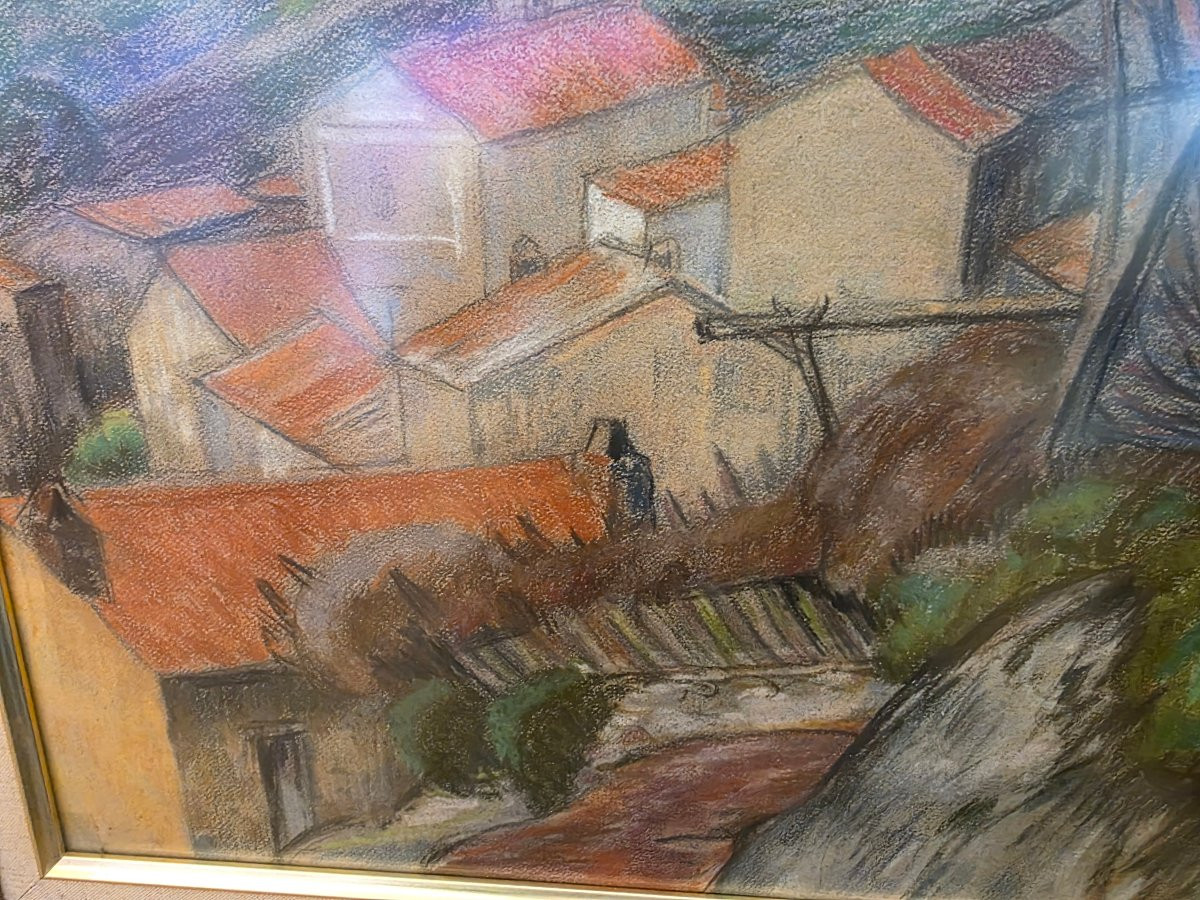 Léon Detroy (1859-1955) - Original Colored Pencil Drawing - Village Landscape-photo-8