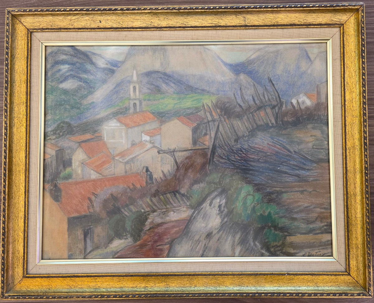 Léon Detroy (1859-1955) - Original Colored Pencil Drawing - Village Landscape