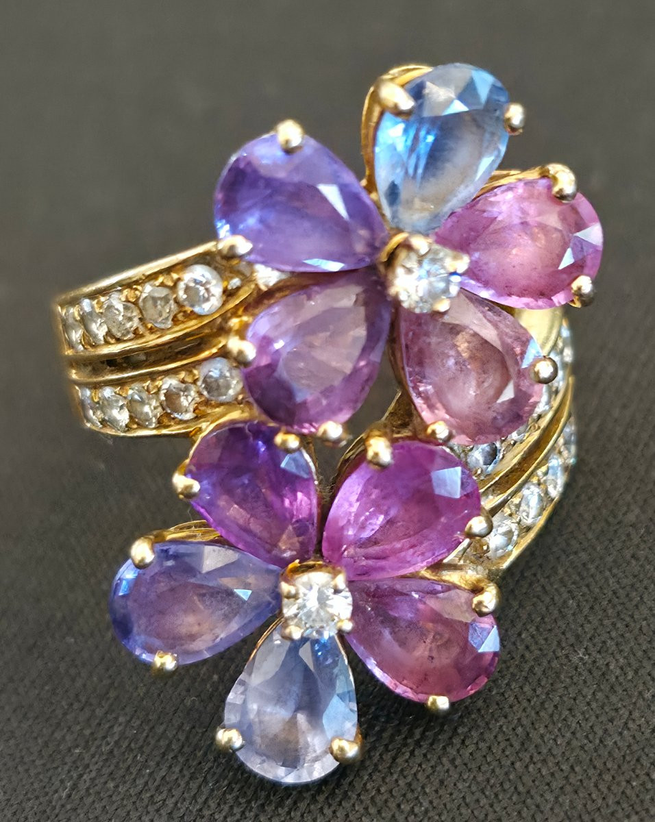 Bague BVLGARI "Sapphire Flower" en Or Jaune 18k et Saphirs Multicolores-photo-2