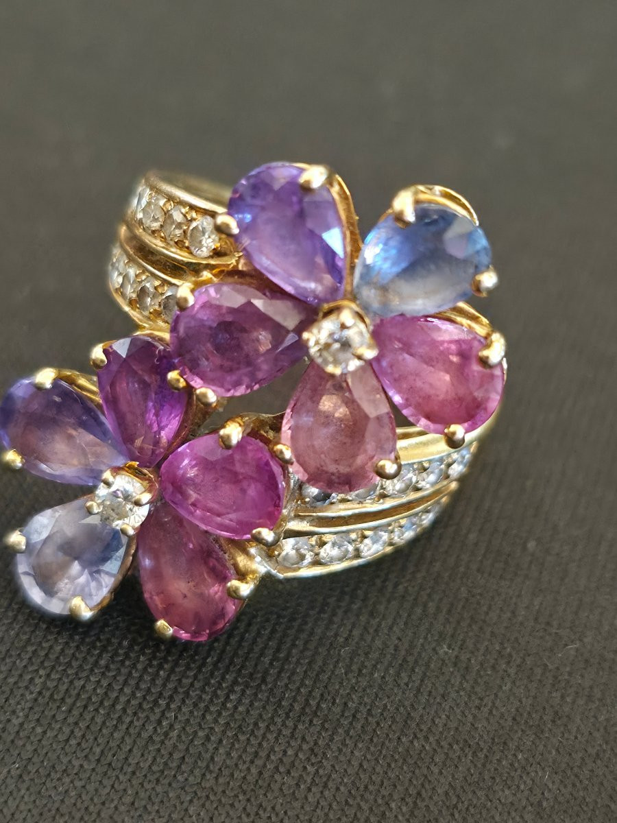 Bague BVLGARI "Sapphire Flower" en Or Jaune 18k et Saphirs Multicolores-photo-8