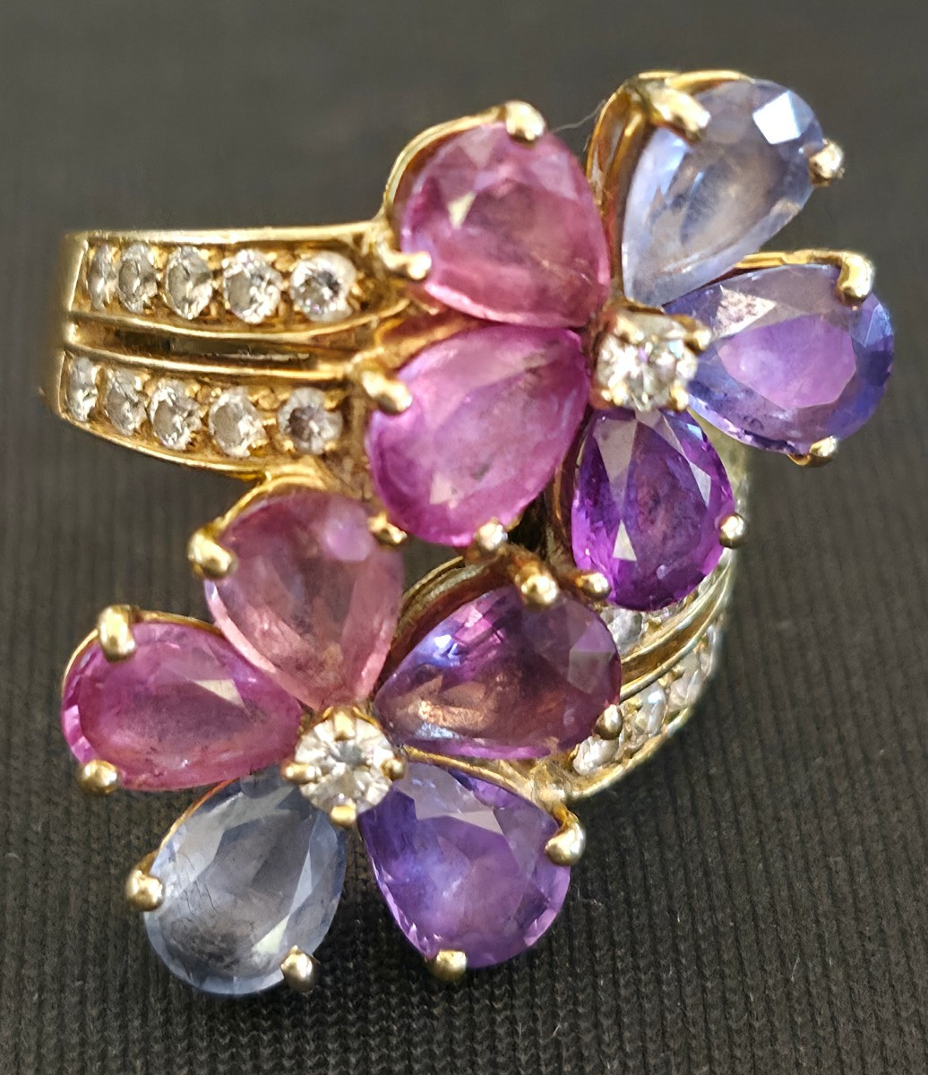 Bague BVLGARI "Sapphire Flower" en Or Jaune 18k et Saphirs Multicolores