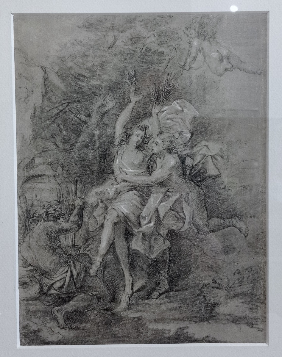 Daphné Et Apollon, Ecole Française Du 18ème Siècle, Dessin Ancien Sur Papier Préparé.-photo-1