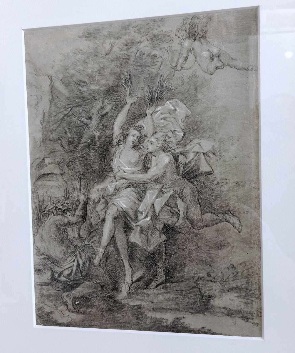 Daphné Et Apollon, Ecole Française Du 18ème Siècle, Dessin Ancien Sur Papier Préparé.-photo-2