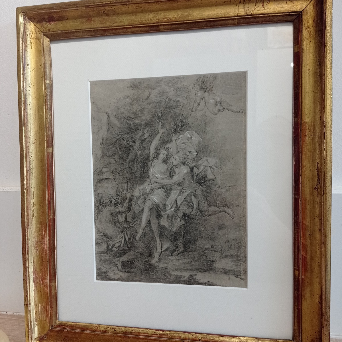 Daphné Et Apollon, Ecole Française Du 18ème Siècle, Dessin Ancien Sur Papier Préparé.-photo-3