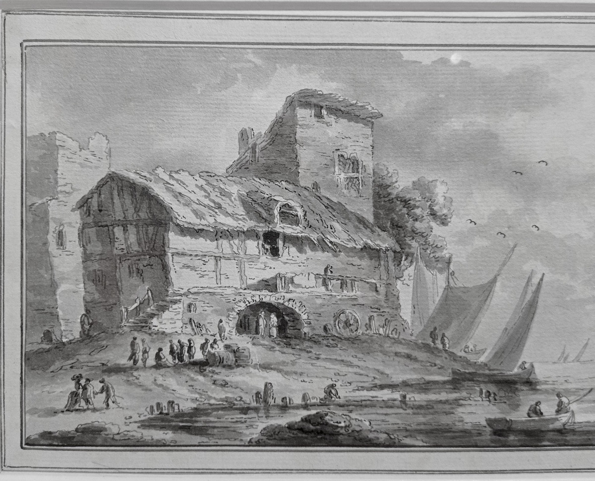 "Retour de pêche", Ecole du nord 18ème, lavis d'encre.-photo-1