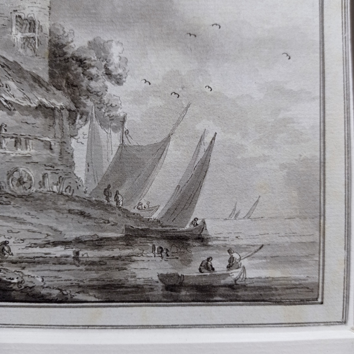 "Retour de pêche", Ecole du nord 18ème, lavis d'encre.-photo-3