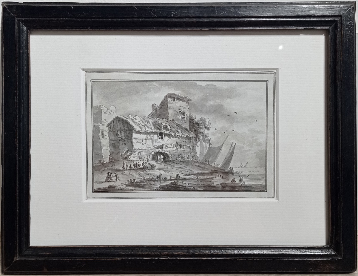 "Retour de pêche", Ecole du nord 18ème, lavis d'encre.