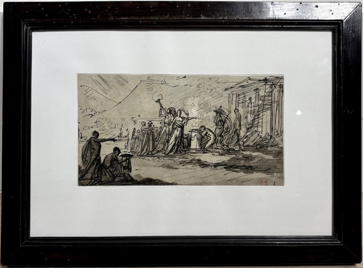 Dessin néoclassique fin 18ème Siècle , Scène de Sacrifice.