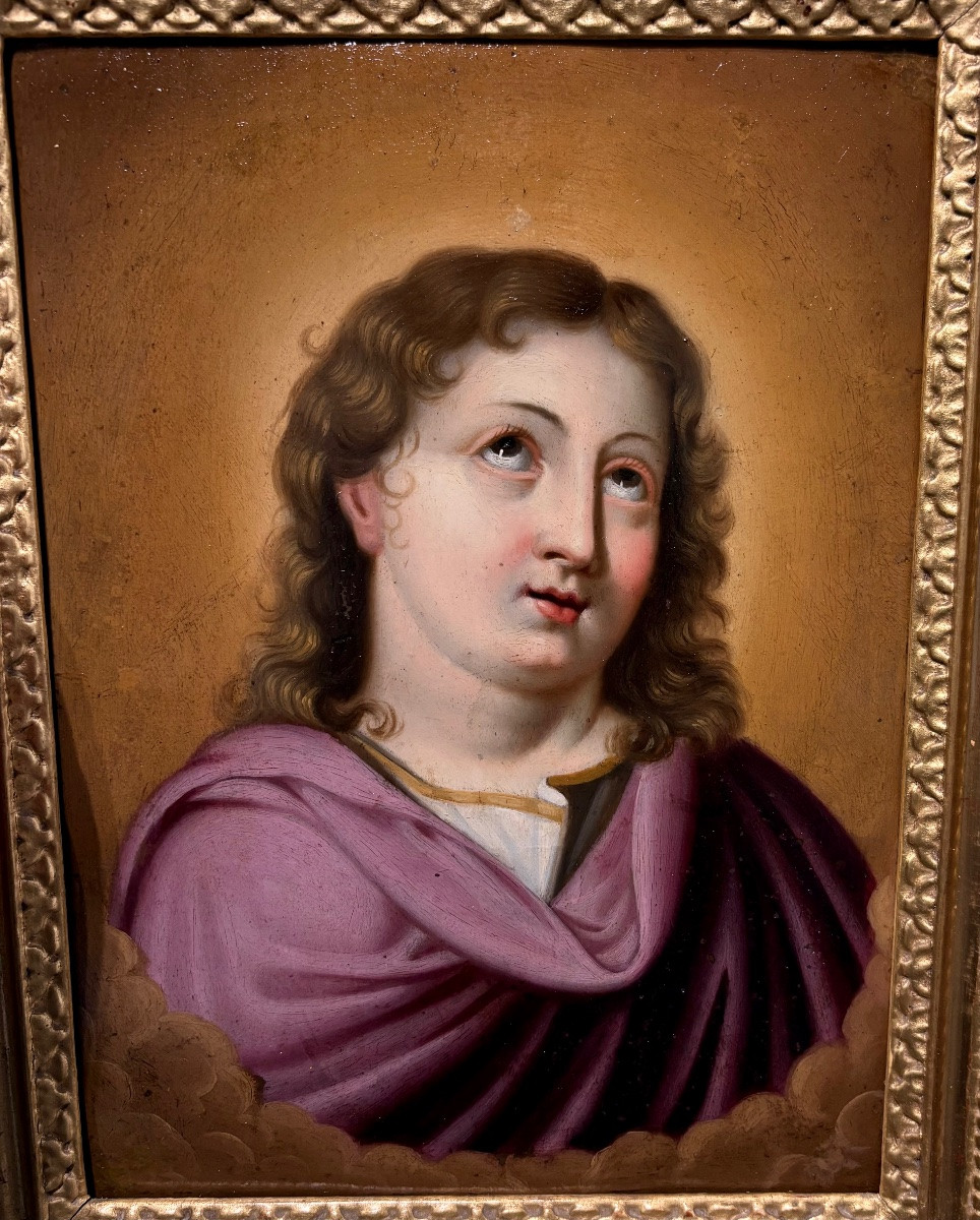 Jesus jeune, école française du 17ème siècle, huile sur cuivre.-photo-1