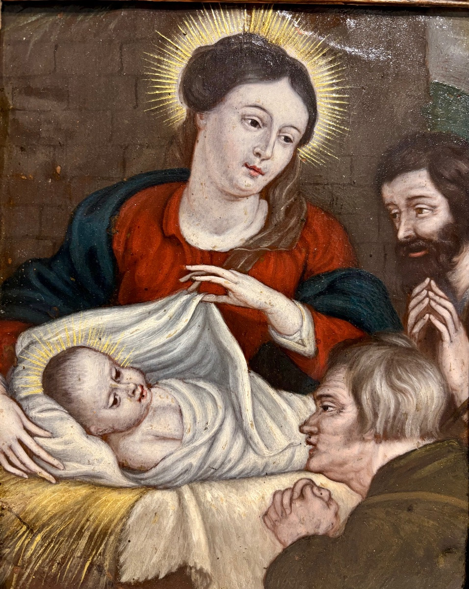 "L'adoration des bergers", huile sur cuivre, 17ème siècle.-photo-1