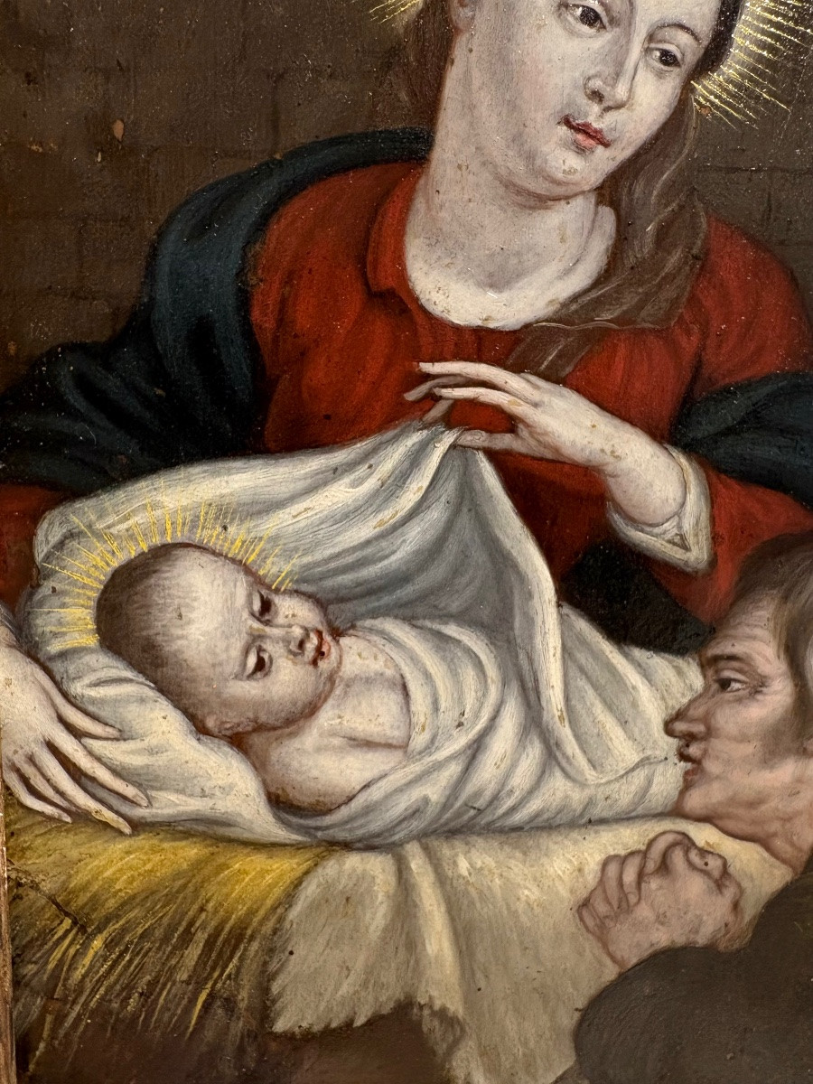 "L'adoration des bergers", huile sur cuivre, 17ème siècle.-photo-4