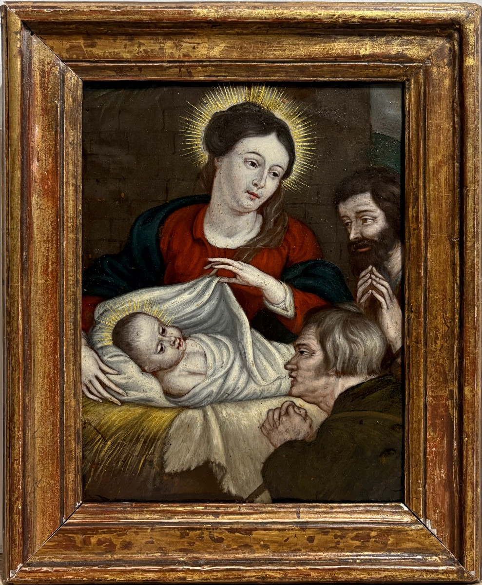 "L'adoration des bergers", huile sur cuivre, 17ème siècle.