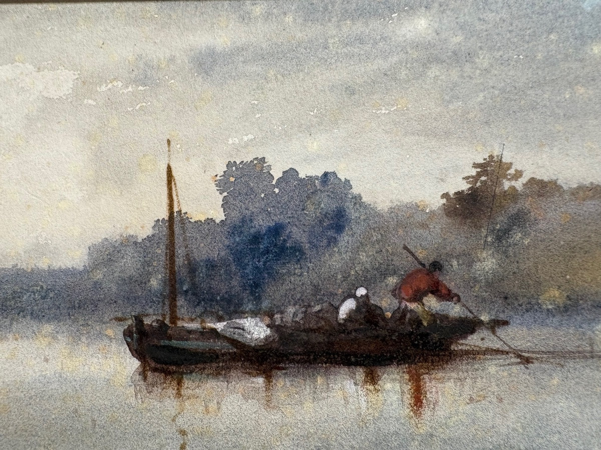 Jules Noël (1810-1881) pêcheurs sur l'étang, aquarelle sur papier.-photo-2