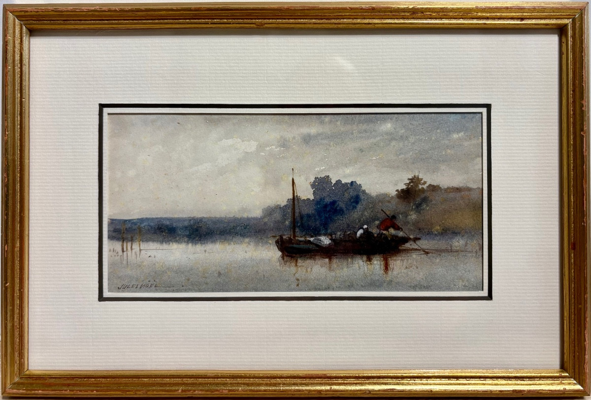 Jules Noël (1810-1881) pêcheurs sur l'étang, aquarelle sur papier.