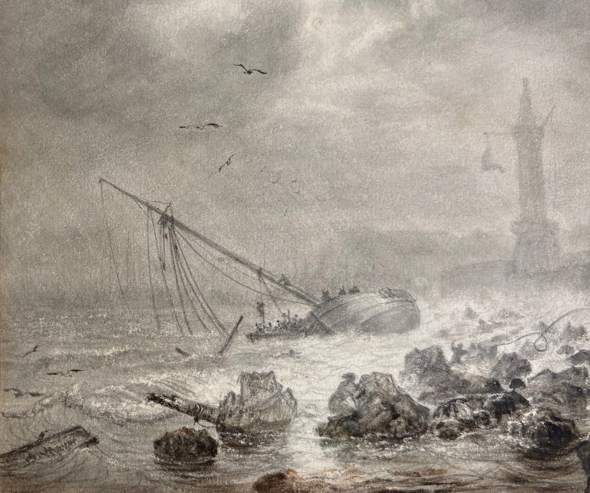 "shipwreck" 19th Century School, Ink Wash And Brown Watercolor.-photo-2