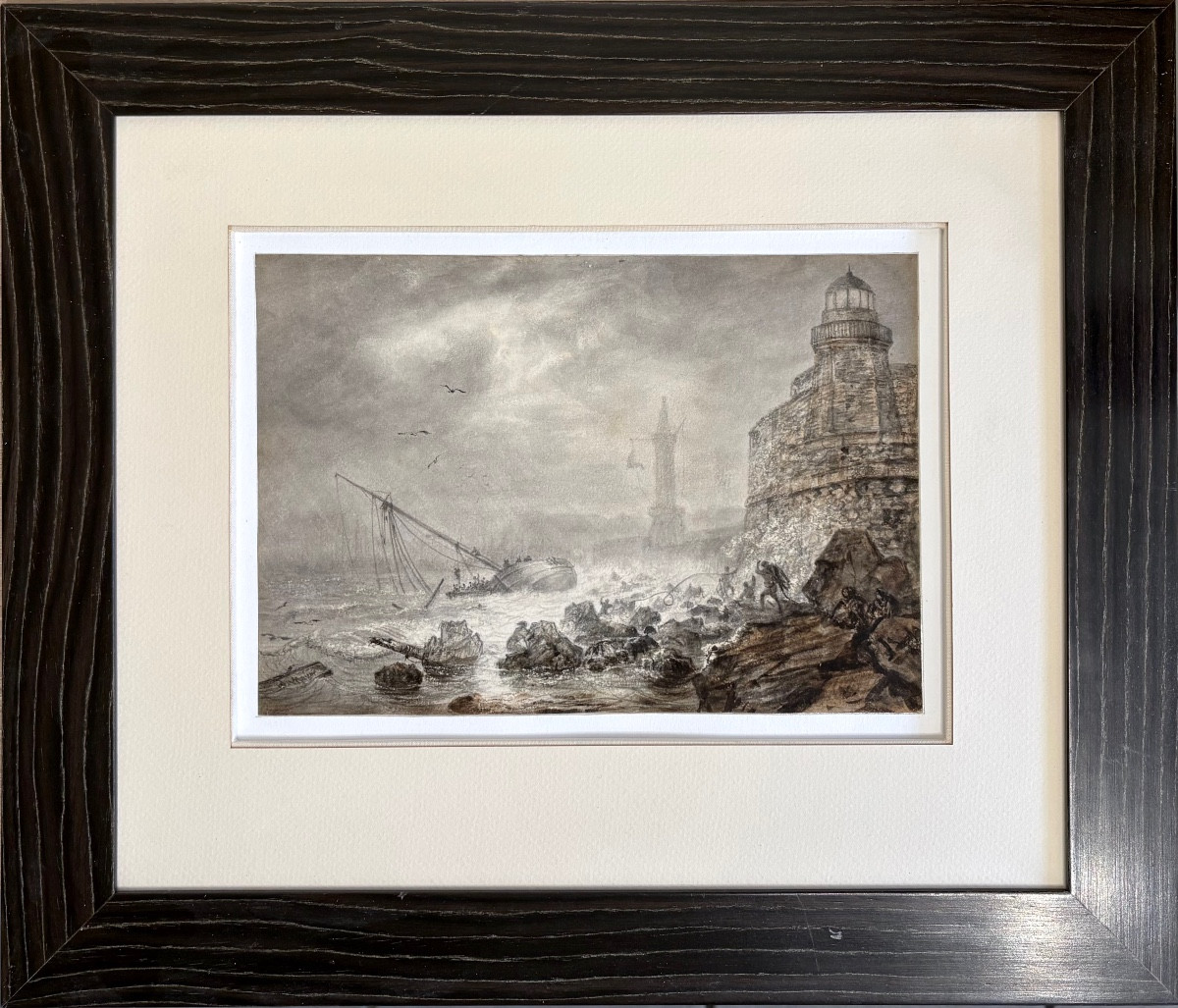 "shipwreck" 19th Century School, Ink Wash And Brown Watercolor.