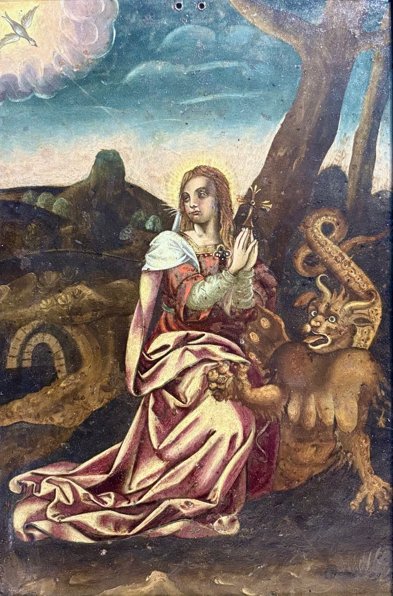 Sainte  Marthe, école de la fin du 16ème, huile sur cuivre.-photo-2