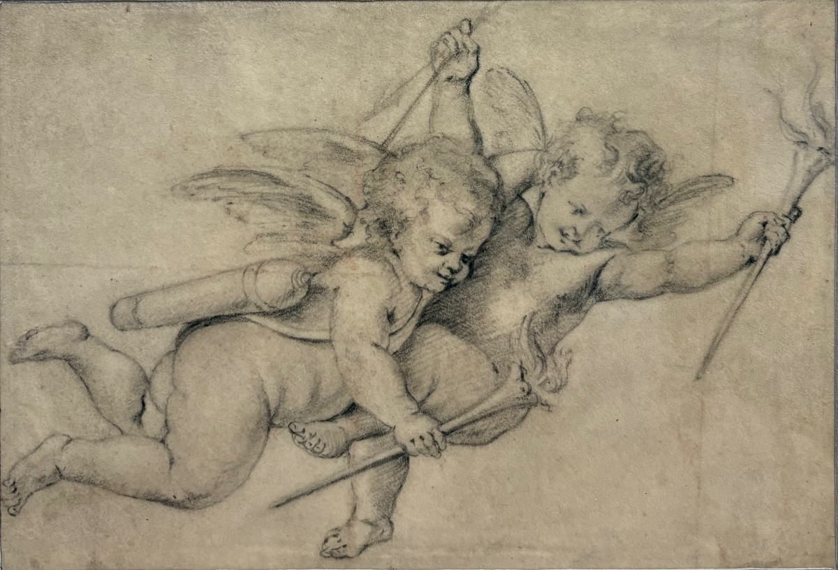 Deux Amours aux flambeaux, Ecole du nord, 17&egrave;me si&egrave;cle.-photo-2