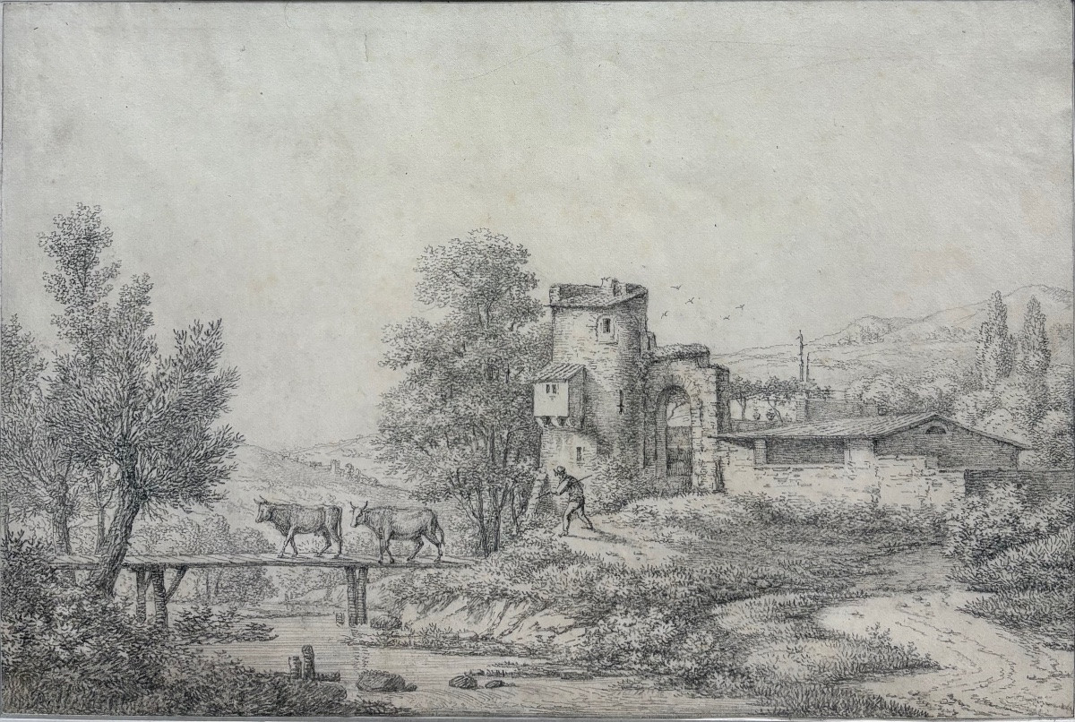 French School Circa 1800, Passage Of Cows On The Bridge.-photo-3