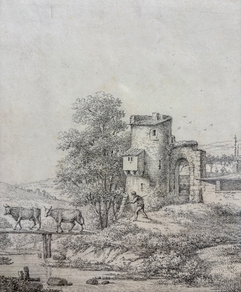 French School Circa 1800, Passage Of Cows On The Bridge.-photo-4