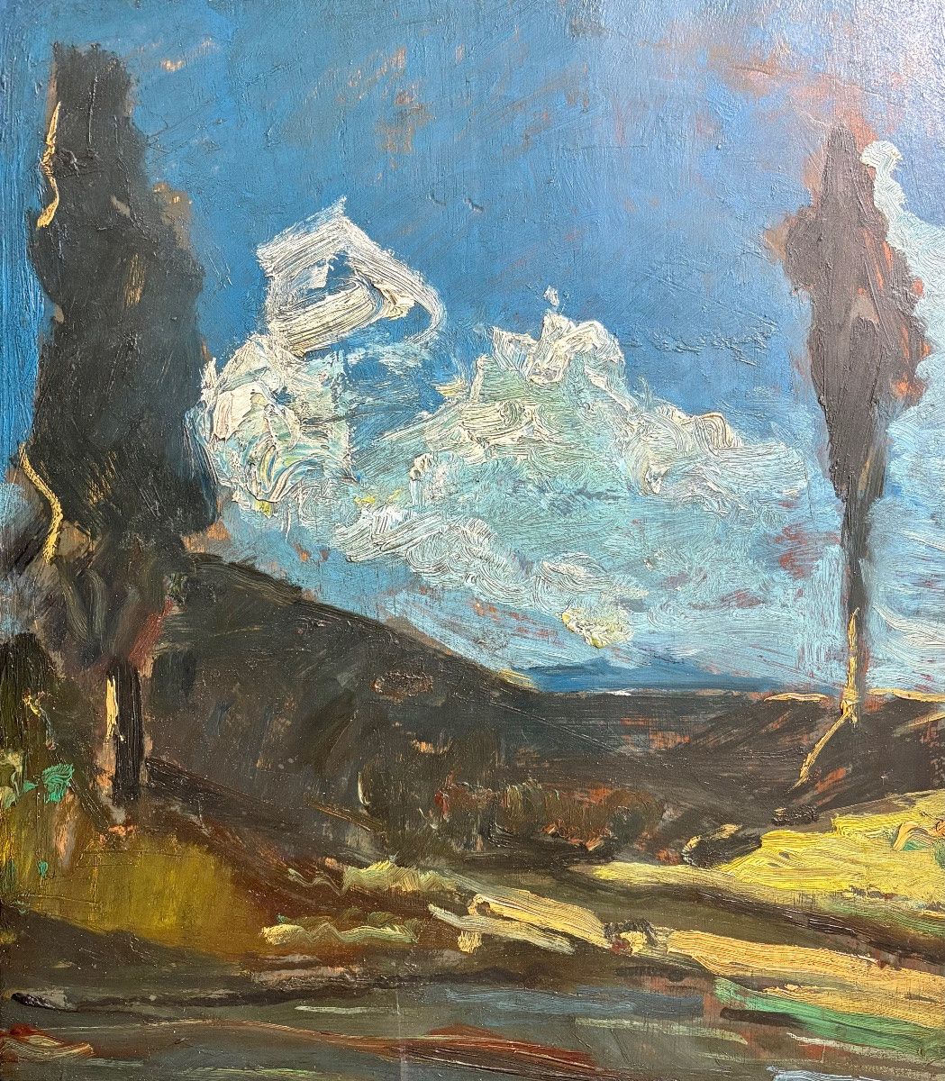 "Paysage aux cyprès" . Antonio Fontanesi (1818-1882), attri. à Huile sur panneau.-photo-1