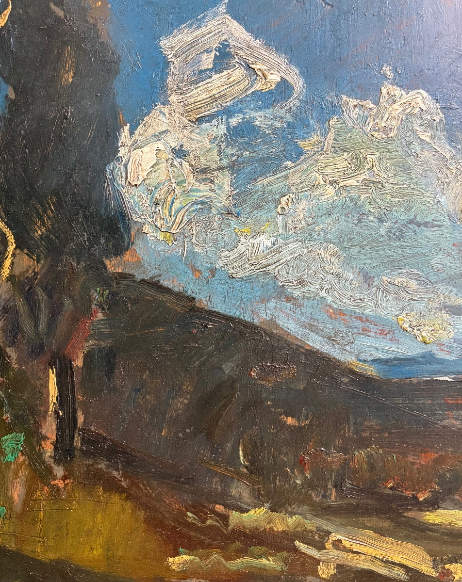 "Paysage aux cyprès" . Antonio Fontanesi (1818-1882), attri. à Huile sur panneau.-photo-2